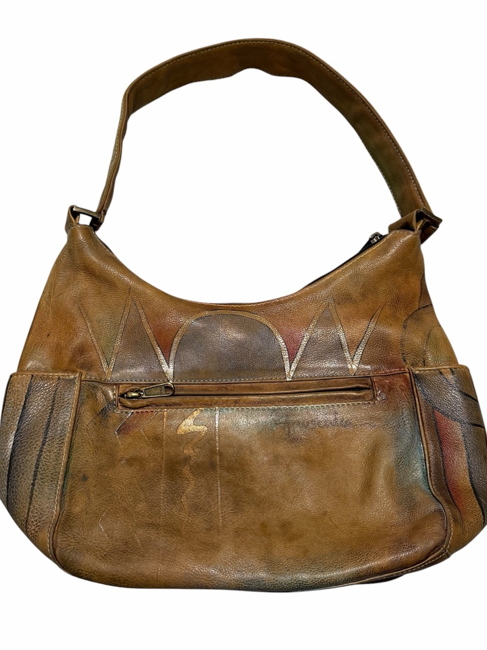Vintage Anuschka Hand-Painted Brown Leather Hobo Bag - Picture 3 of 5